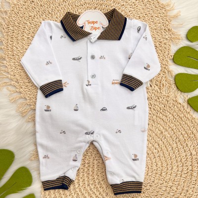 Macacão Curto com Manga Longa Piquet com Gola Polo Barquinhos - Off White e Marinho